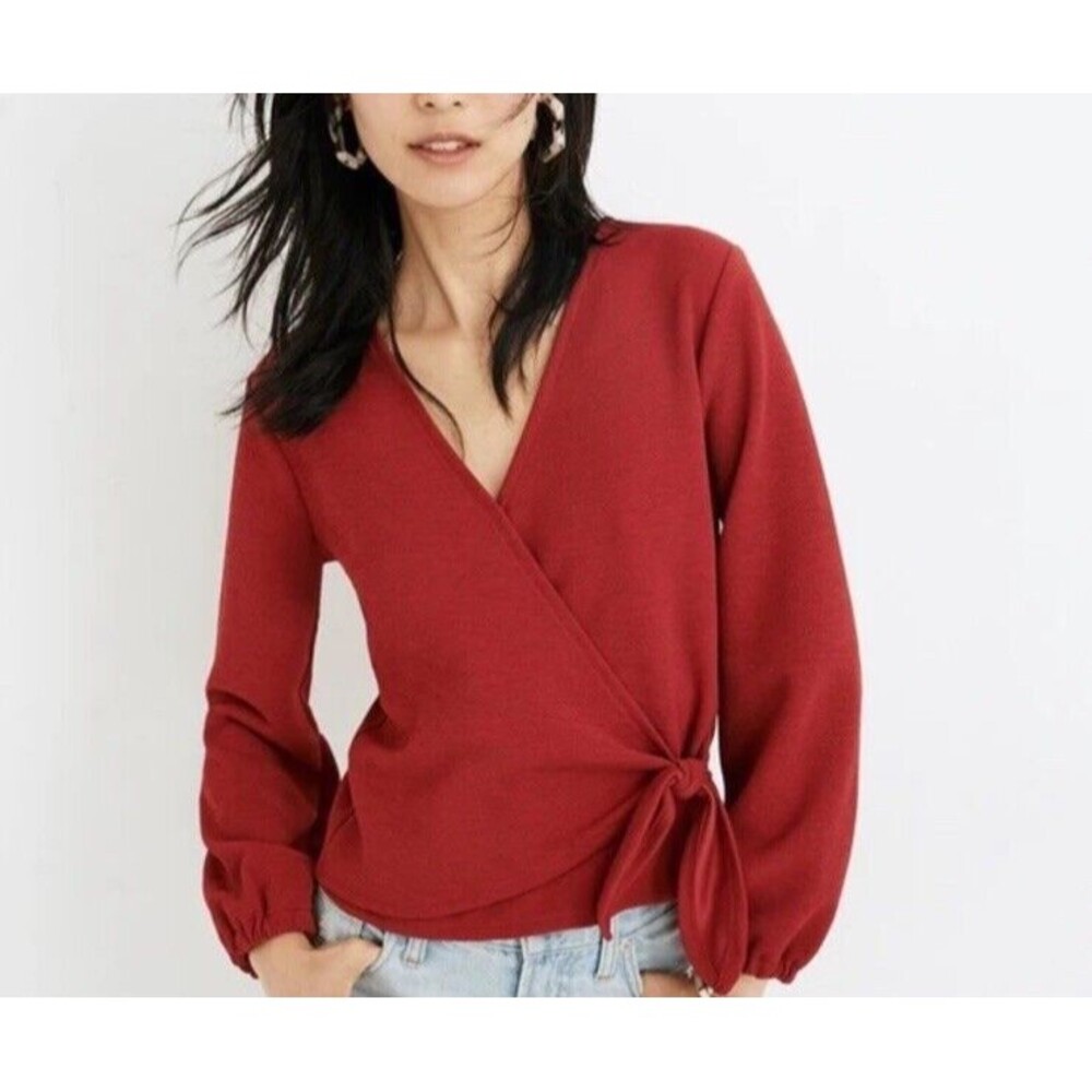 Madewell Texture & Thread Crossbody Wrap Top Size S Red Crepe Blouse Career